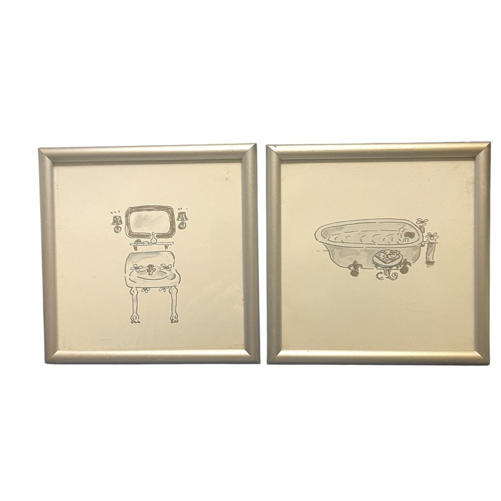 Set of 2 Framed Prints for Powder Room / Bath Room - Bath Tub & Sink Mirror